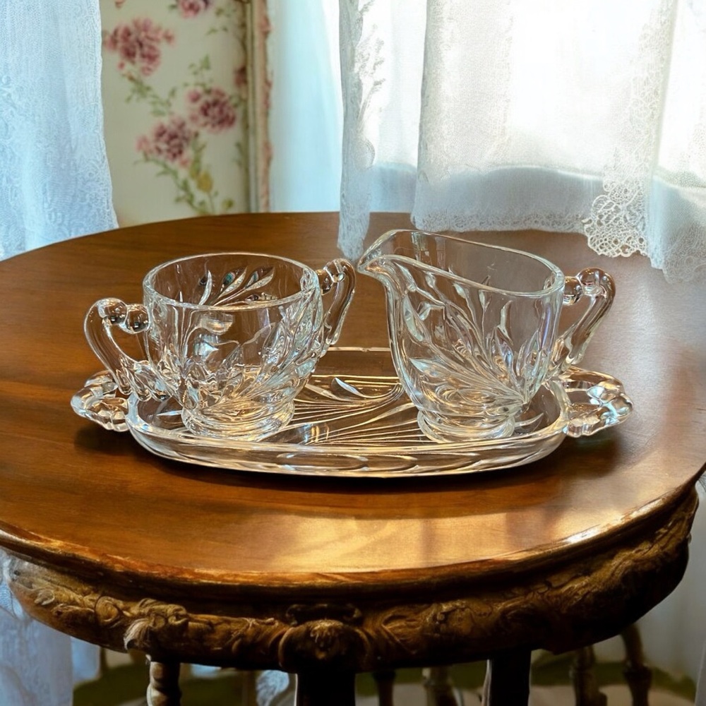 Vintage Indiana Glass Willow Oleander Clear Cream Sugar & Tray Set 3pc